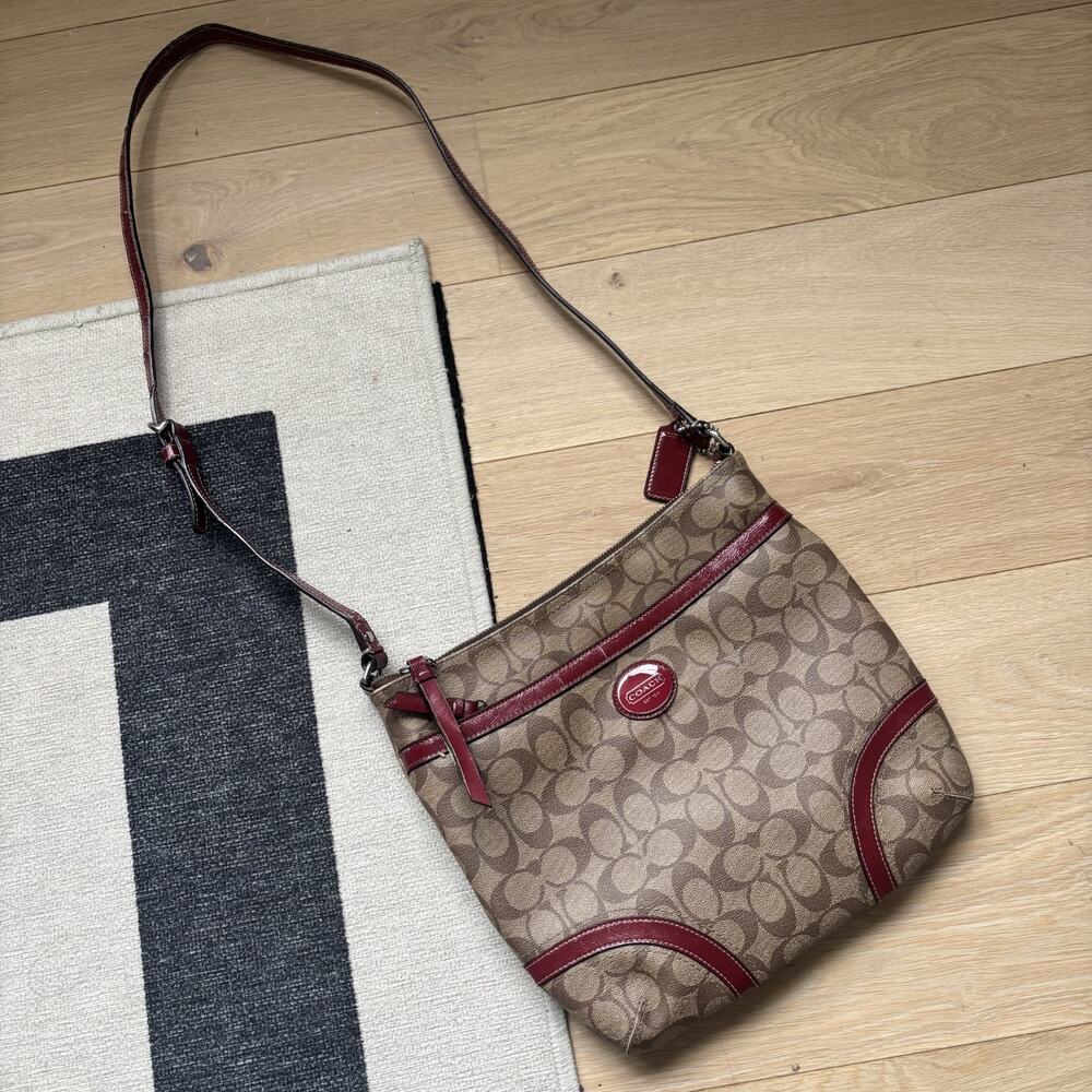 Coach Peyton File Crossbody Bag Signature C Khaki Brown Red Zippered